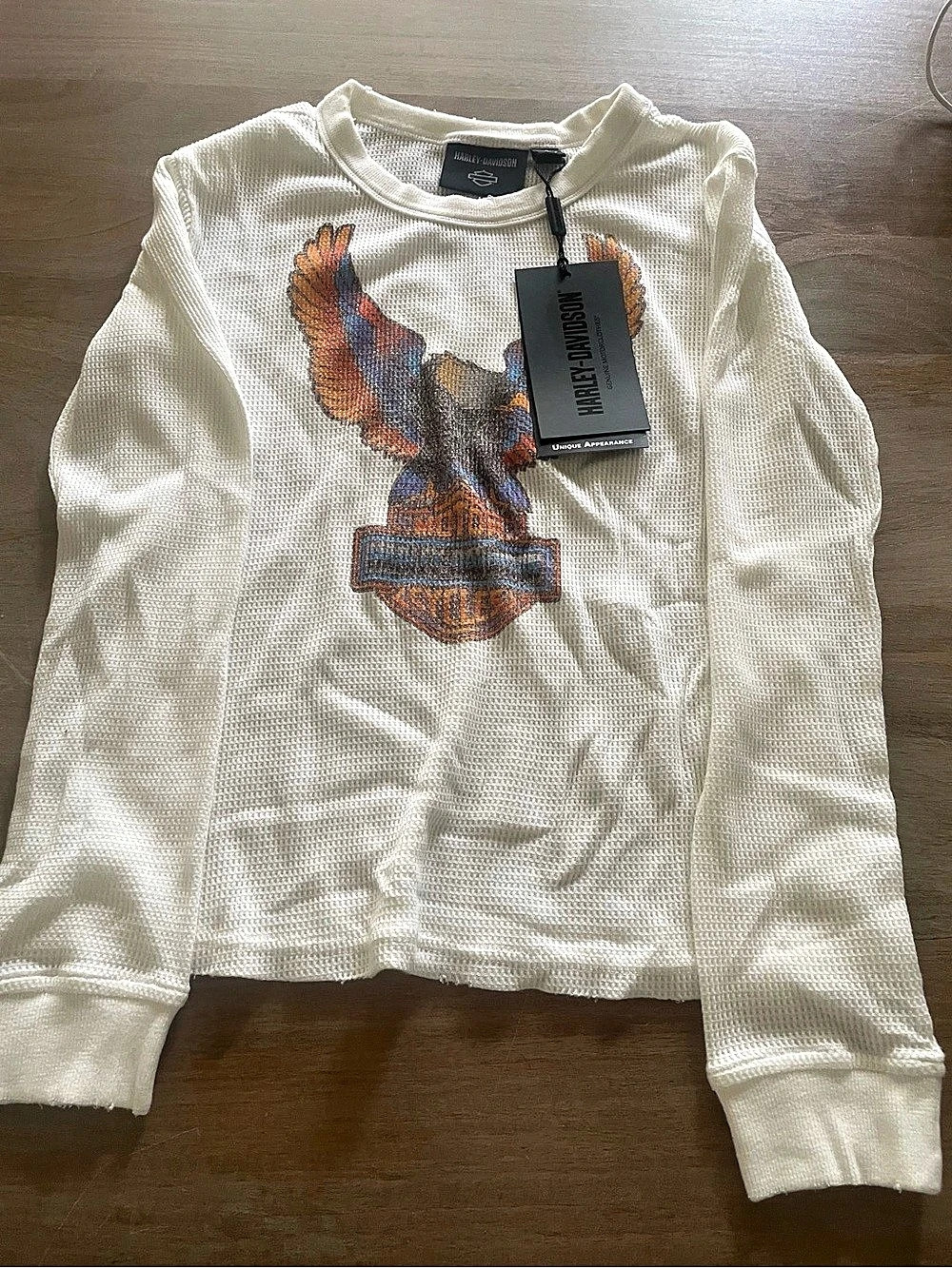 Harley-Davidson Women'Small Neon Eagle Distressed Waffle Knit Long Sleeve Waffle